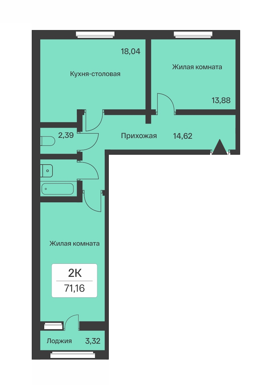 2-комнатная квартира 71.16 м², 2/10 эт., ЖК «Расцветай в Янино»